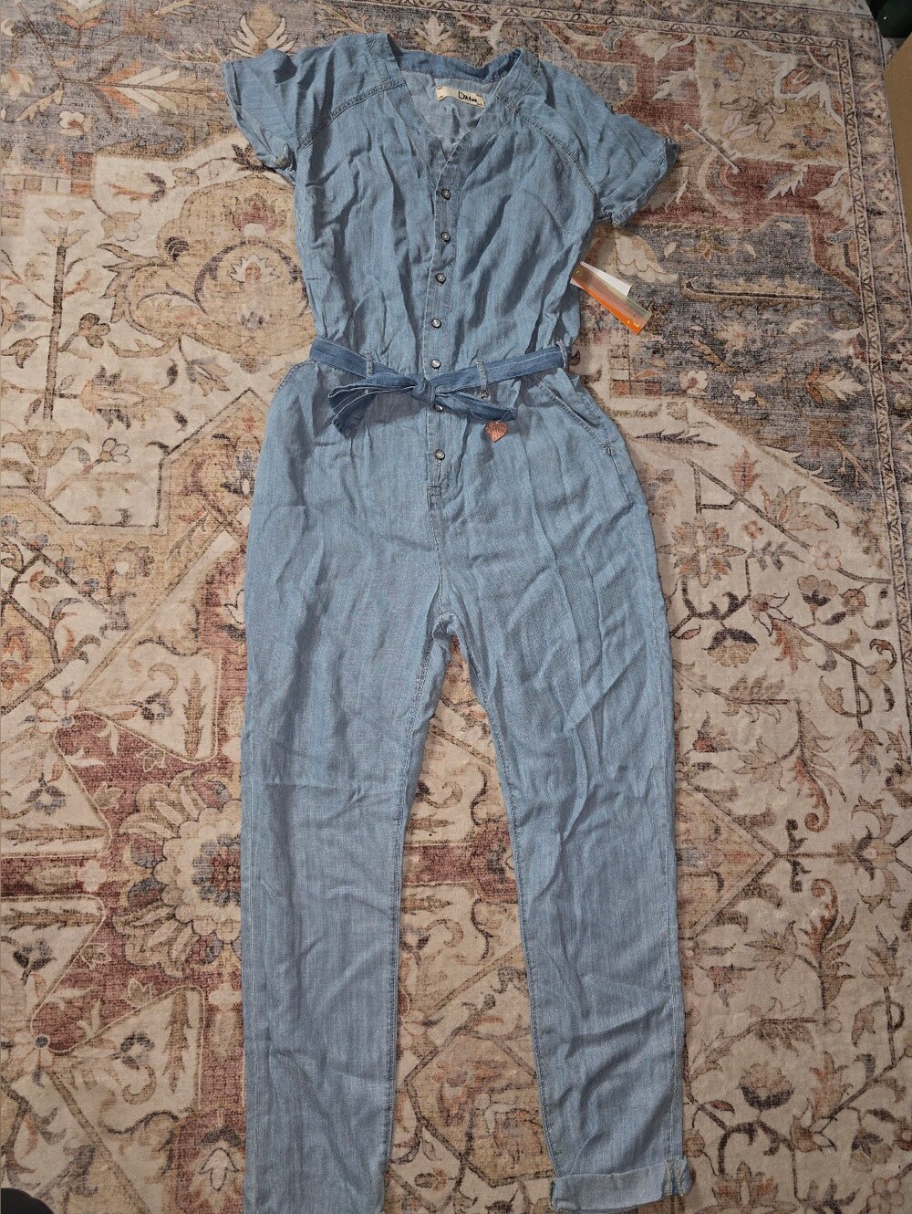 Dittos Sela Blue Denim Button-Front Jumpsuit with Tie Belt